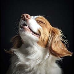 Naklejka premium Cinematic close-up portrait of a happy Spaniel dog sniffing the air with closed eyes and dramatic lighting