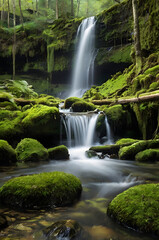 Obraz premium Cascading Beauty: A picturesque waterfall cascades gracefully amidst lush, vibrant green moss-covered rocks and vegetation, creating a tranquil and breathtaking natural scene
