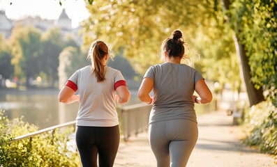 Two overweight friends of women play sport by running together for weight loss and healthy lifestyle in nature in a park. Obese women exercising outdoors. Workout for good physical shape.