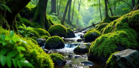 Moss-covered rocks with ferns and moss, outdoors, greens, nature