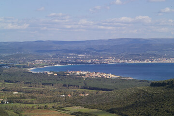 view of the towns of Fertilia and Alghero from Mount Doglia. Sassari, Sardinia, Italy.