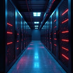 Sleek black server racks line a modern data center floor , cold aisle, room, computer