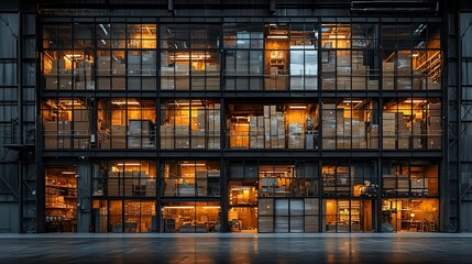 Warehouse inventory, night view, industrial building, logistics