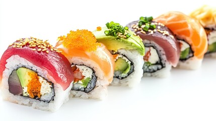 A masterfully prepared sushi selection featuring Yuzu Citrus Roll, silky Avocado Roll, and fresh Tuna Roll, each elevated with exquisite toppings. Displayed elegantly, isolated on white background