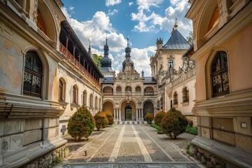 Fototapeta premium A view of the ornate courtyard of a historic palace, featuring intricate architectural details and manicured greenery, Historic palaces with ornate courtyards and towering gates