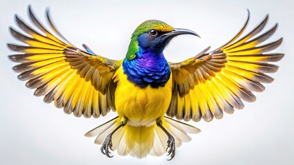 Fototapeta premium Stunning Olive-Backed Sunbird Spreading Wings Against White Background, Captivating Macro Photography of Yellow-Bellied Sunbird in Nature, Bird Watching, Wildlife Enthusiasts, Ornithology, and More