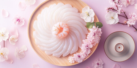 Fototapeta premium Fugu & Hokkaido Shrimp Floral Art – Sliced Seafood & Sakura Composition with Wooden Tray for Japanese Culinary Inspiration