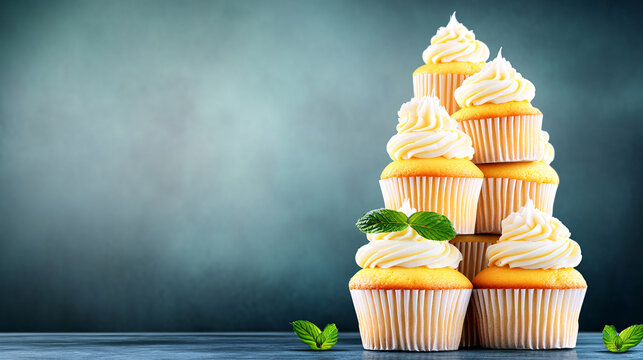 Delicious tall stack of vanilla cupcakes with piped buttercream frosting, garnished with fresh mint leaves, creating delightful and inviting dessert display