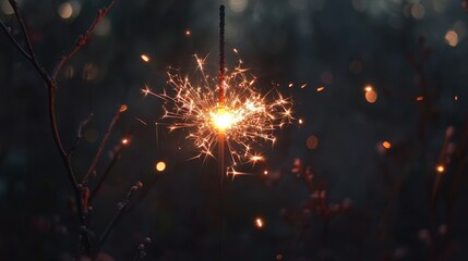 Obraz premium Sparkling Ember: A close-up view of a sparkler ablaze, illuminating the darkness with a shower of golden sparks.