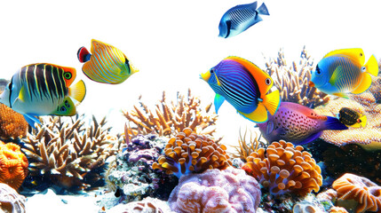 Colorful tropical fish swimming over coral reef with transparent background
