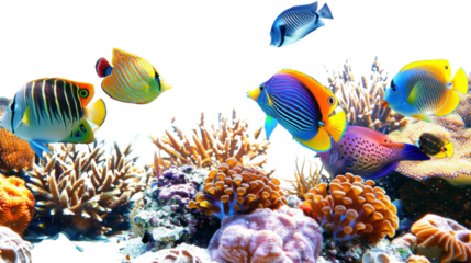 Colorful tropical fish swimming over coral reef with transparent background