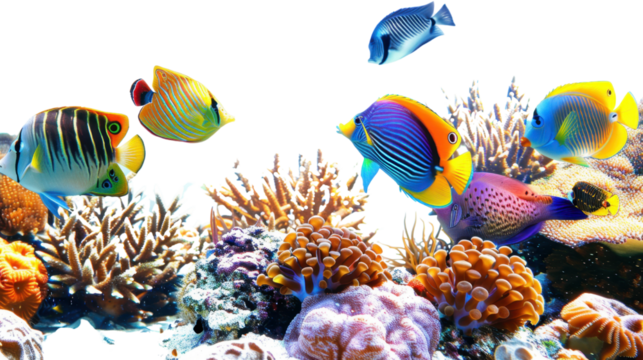 Colorful tropical fish swimming over coral reef with transparent background