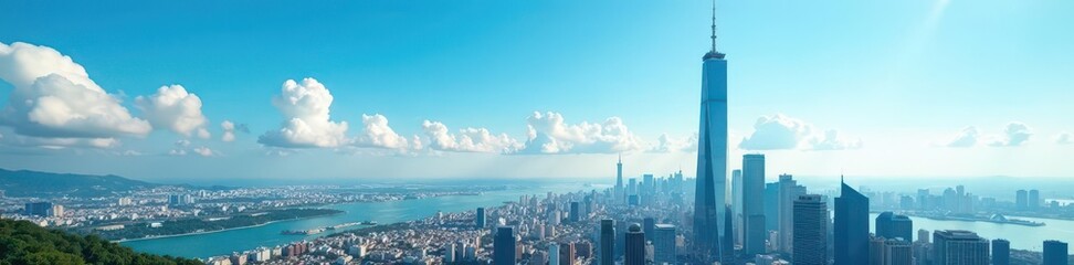 Fototapeta premium Sleek glass tower piercing azure sky, urban sprawl below, vertical, megacity, perspective