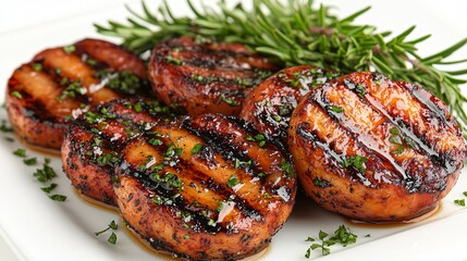 Grilled Food on Plate with Herbs