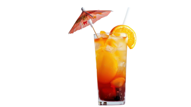 Refreshing tequila sunrise cocktail with orange slice and umbrella on transparent background