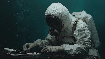 A lone astronaut in a damaged hazmat suit meticulously examines a damaged circuit board amidst a dark, smoky, space-like environment, suggesting a post-apocalyptic or space exploration scenario.