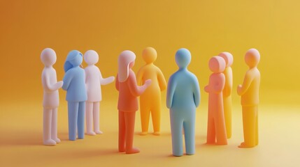 Group of diverse faceless people in a circle having a meeting on yellow background