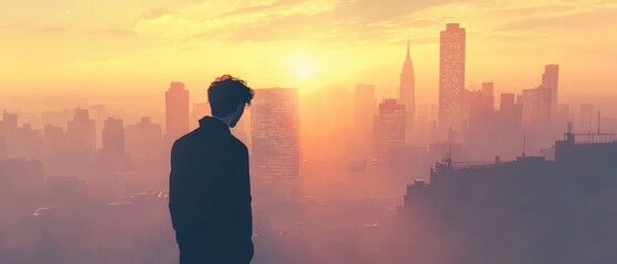 Fototapeta premium Digital entrepreneur embracing ai-powered data urban landscape business environment sunset viewpoint