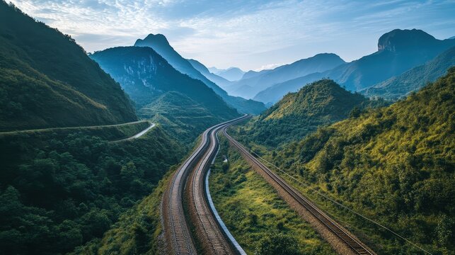 Winding Road to the Horizon: A scenic view of a road winding its way through a majestic mountain range, under a blue sky, creating a sense of journey and exploration. 