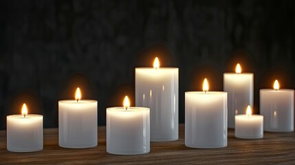Arrangement of White Candles with Flickering Flames on a Wooden Surface Against a Dark Background Creating a Warm and Tranquil Atmosphere