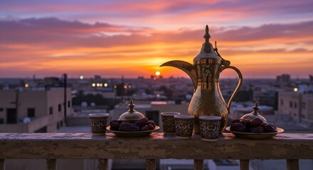 Golden arabic coffee pot dates sunset cityscape view cup food life warm cozy calm home metal drink