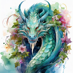whimsical and mysterious watercolour painting of a dragon surrounded with pink flowers and green vines