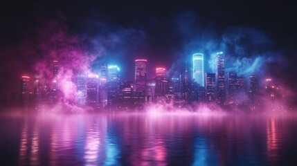 Fototapeta premium Neon city skyline reflected in water at night, smoky background