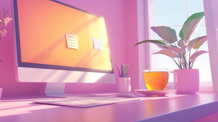A cheerful workspace featuring a motivational quote on a sticky note, a sleek computer setup, and a cup of herbal tea, exuding positivity and focus.