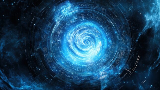 A mysterious portal surrounded by arcane symbols, swirling with cosmic energy
