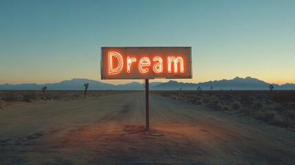A neon sign in the middle of an empty desert reading "Dream"