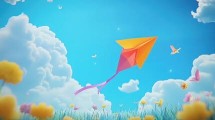 Kite soaring in the Sky: A vibrant, colorful kite dances in the gentle breeze against a backdrop of a brilliant blue sky dotted with fluffy clouds, evoking a sense of freedom and whimsical delight