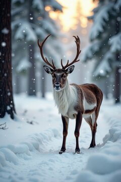 Reindeer herd in snowy forest, silhouettes, snowy forest, northern lands
