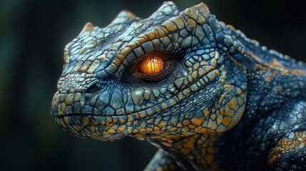 Fototapeta premium A nightmarish bipedal reptile covered in rock-like armored scales, its eyes glowing with eerie intelligence