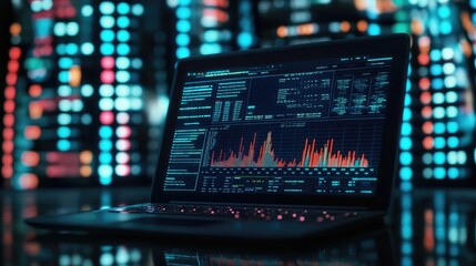 A close-up of a laptop showing risk analysis and management strategies, with financial charts surrounding it, representing business planning.