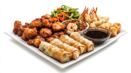 A perfectly arranged Asian sharing platter on a white square plate, featuring deep-fried spring rolls, crispy prawn toast, golden fried chicken, gyoza, and chopped peppers.
