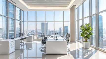 Fototapeta premium A corporate office space with clean white desks, comfortable chairs, and sleek design elements.