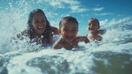 Joyful family splashing in the ocean waves on a sunny summer day