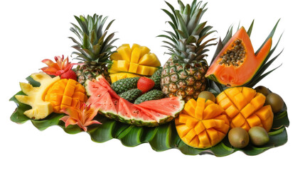 Fresh tropical fruits composition resting on green leaves with transparent background