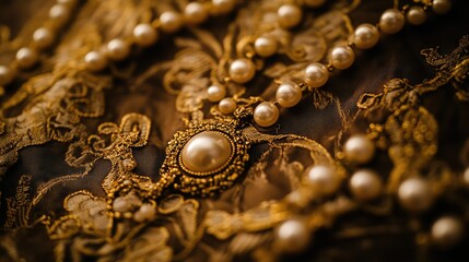 Gold Pearl Necklace on Lace