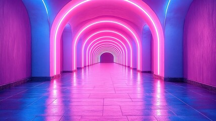 Neon tunnel hallway, pink blue arches, interior design