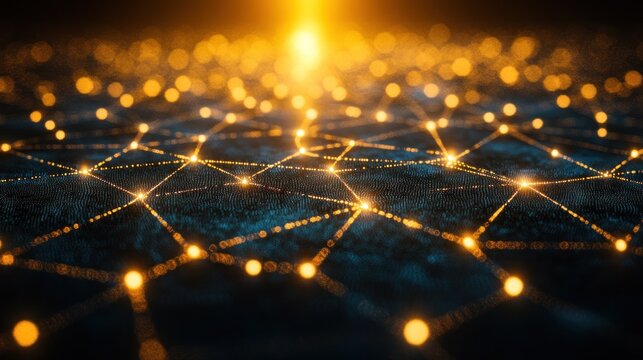 Network connection graphic, glowing nodes, dark background, future technology