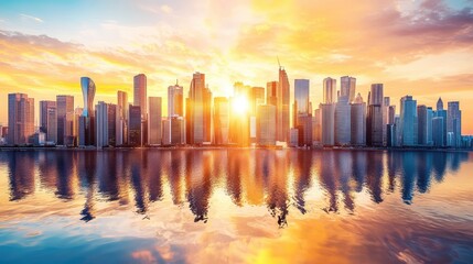 Fototapeta premium A futuristic city skyline with buildings representing different regions, symbolizing global business expansion.