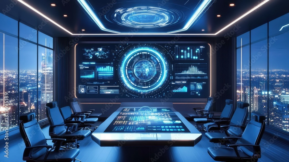 Poster a futuristic meeting room with an interactive digital screen displaying real-time data and analytics