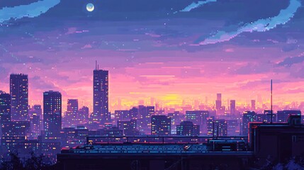 Obraz premium Skyscraper Rooftop View of a Futuristic Cyberpunk City at Twilight
