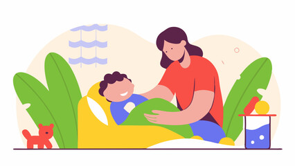 Obraz premium A heartwarming illustration of a mother tucking her child into bed. The child is smiling, feeling safe and comforted, while the cozy bedroom setting features soft colors, plants, and a small toy nearb