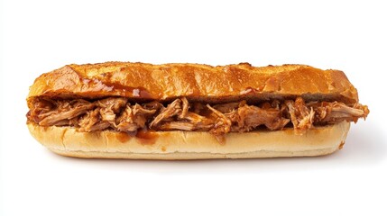 A rustic pulled pork sandwich with juicy, slow-cooked pork and a hint of barbecue sauce, served on a golden bun. The sandwich is neatly displayed, isolated on white background