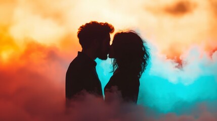 Romantic Couple Silhouette Kissing  Colorful Sky  Love  Passion