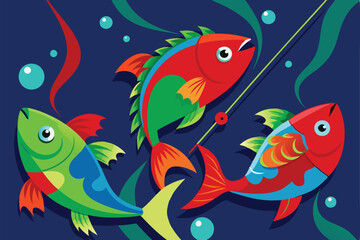 Fototapeta premium Three colorful fish in red, green, and blue swim around a fishing rod, creating a vibrant underwater atmosphere, Red, green and blue fishes at fishing rob,