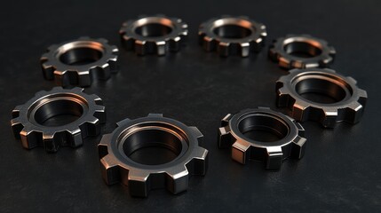 Obraz premium A group of different-sized cogwheels arranged in a circular pattern, working in unison to represent teamwork and efficiency.