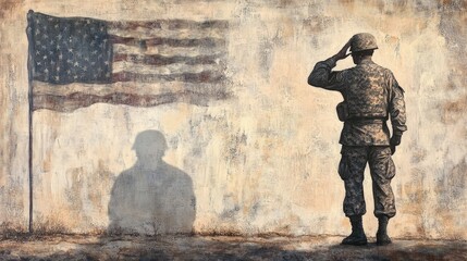 Fototapeta premium A soldier saluting a flag, but his shadow is of a weary beggar